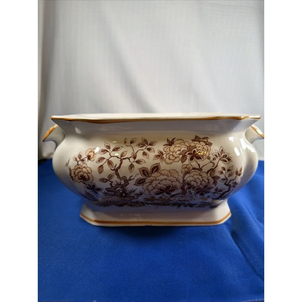 Vtg Soup Tureen Ladle Lid Brown Orange Floral Chintz Ceramic Japan Mid Century